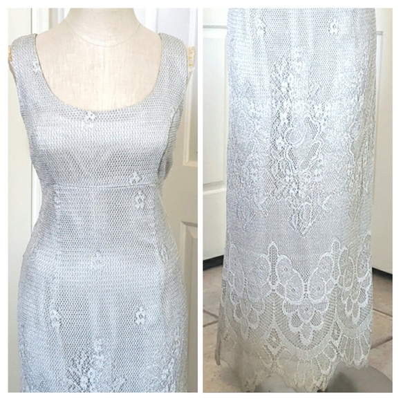 VINTAGE 90's Silver Crochet Lace Gown Dress SIZE 4 - Picture 14 of 17